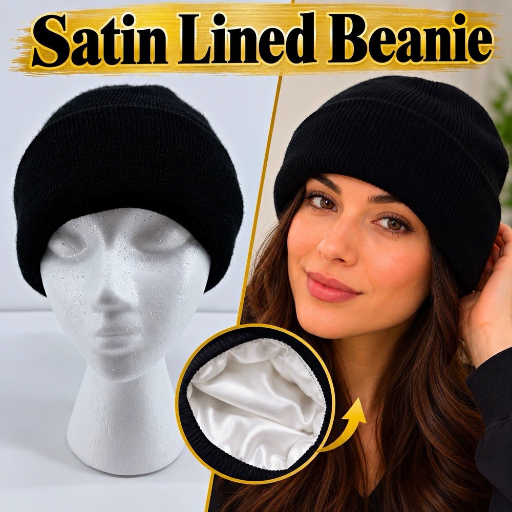 Black Satin Lined Beanie Hat White Lining Acrylic Knit Hair Protection Unisex